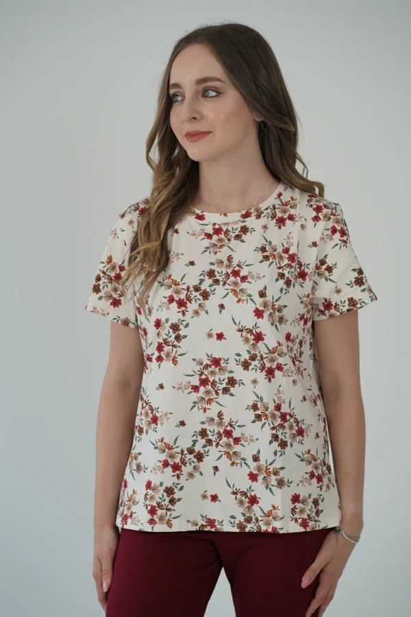 T-Shirt Fiorellini Bordeaux e Beige - immagine 2