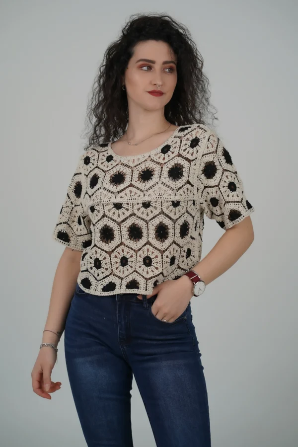Maglia Crochet - Panna/Nero
