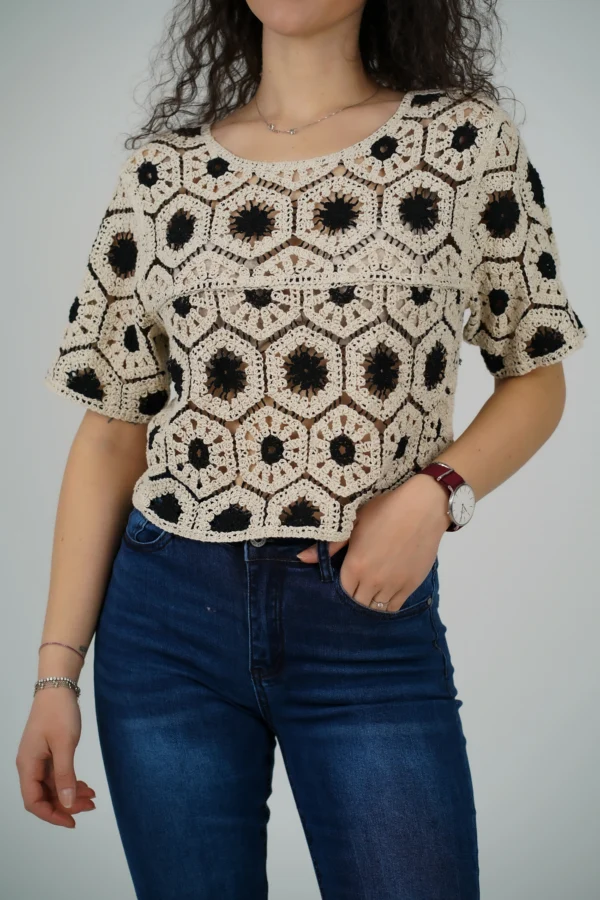 Maglia Crochet - Panna/Nero - immagine 3