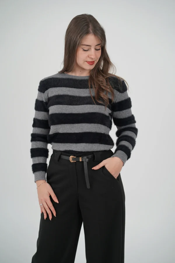 Maglioncino Righe Fluffy - Grigio e Nero