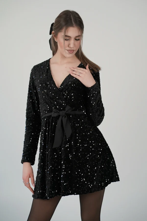 Abito Paillettes Incrociato Nero