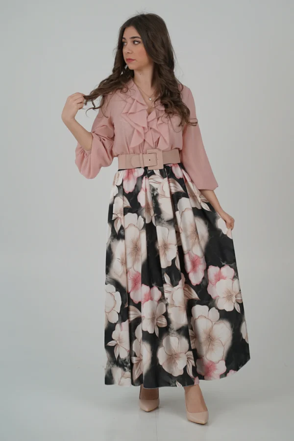 Gonna in Raso Fiori Beige e Rosa